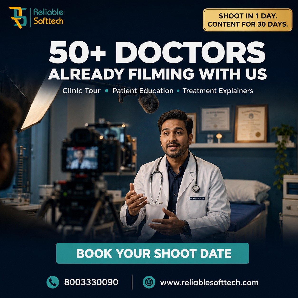 Doctor filmed at a clinic with cinema camera, softbox light and boom mic